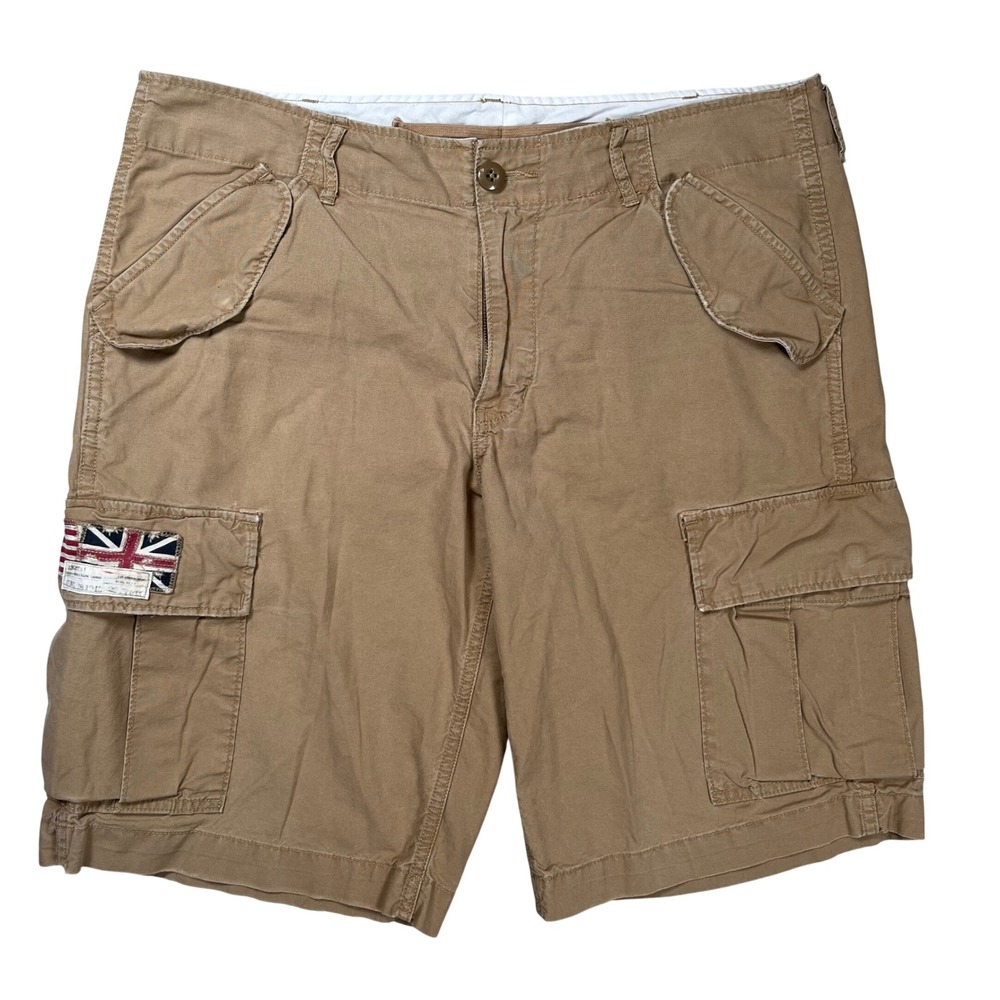 Denim & Supply Ralph Lauren Cargo Shorts Mens 33 Tan Khaki Flag Patch Distressed